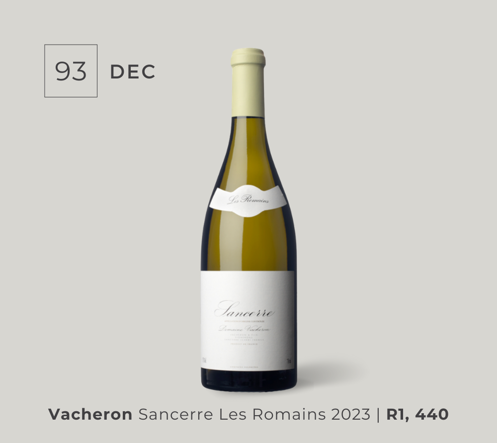 Bottle of Vacheron Sancerre Les Romains 2023 white wine with a 93 rating for December.