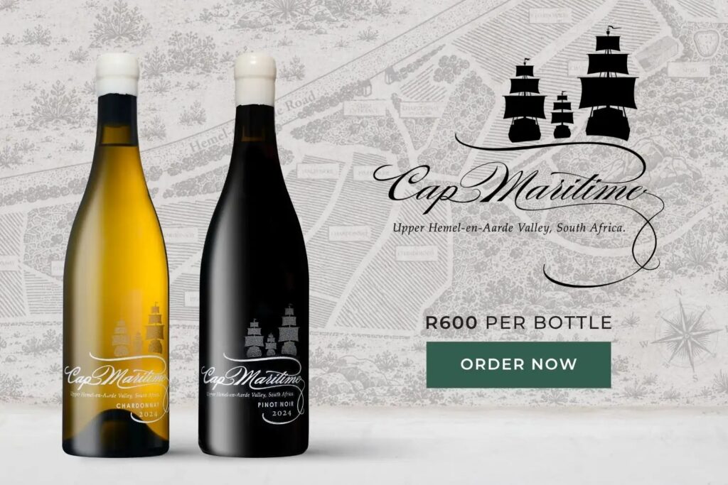 Two Cap Maritime wine bottles, Chardonnay and Pinot Noir 2024, priced at R600 each, on a map background with an order now button.