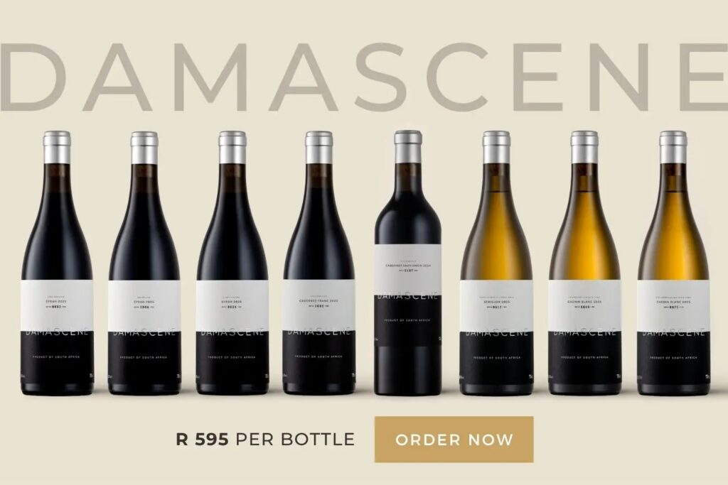 Eight bottles of Damascene wine, a mix of red and white, displayed in a row with price and order info below.
