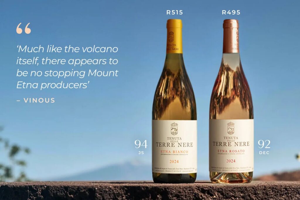 Advertisement featuring Tenuta delle Terre Nere Etna Bianco and Etna Rosato 2024 wine bottles, scores, and a Vinous quote.