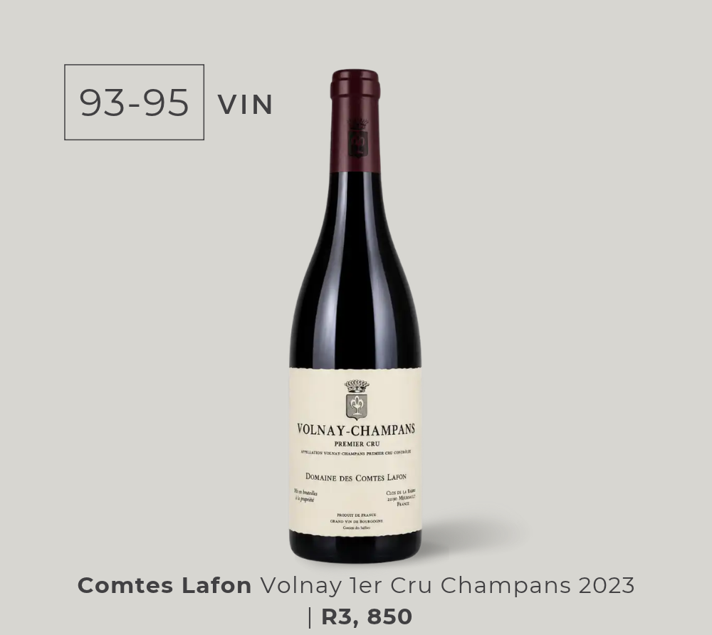 Bottle of Comtes Lafon Volnay 1er Cru Champans 2023 wine, rated 93–95 points, priced R3,850.
