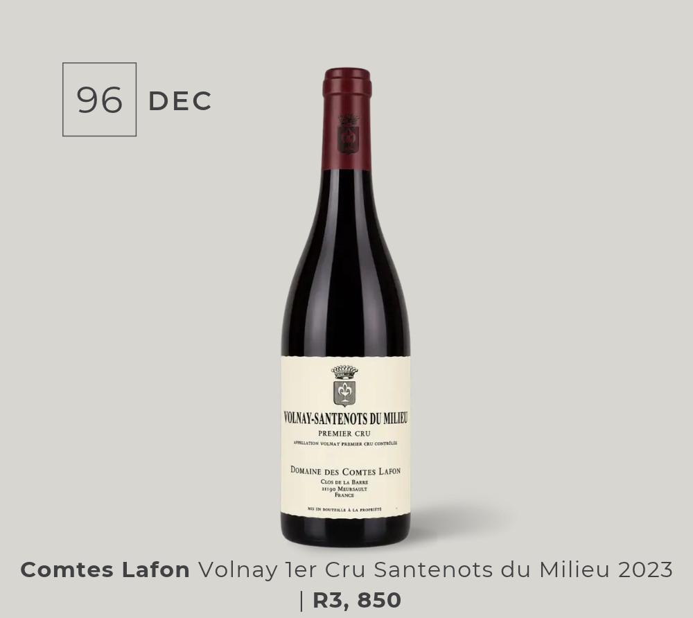 Bottle of Comtes Lafon Volnay-Santenots du Milieu 2023 red wine, rated 96, priced R3,850.