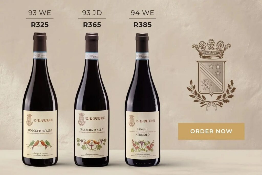 Advertisement featuring three G.D. Vajra wine bottles—Dolcetto, Barbera, and Nebbiolo—with prices and an “Order Now” button.