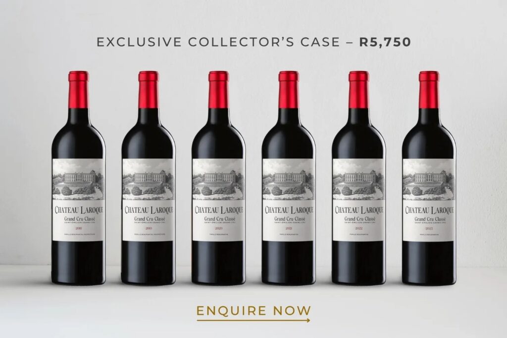 Six Château Laroque Grand Cru Classé wine bottles from 2018–2023, advertised as an exclusive collector’s case for R5,750.