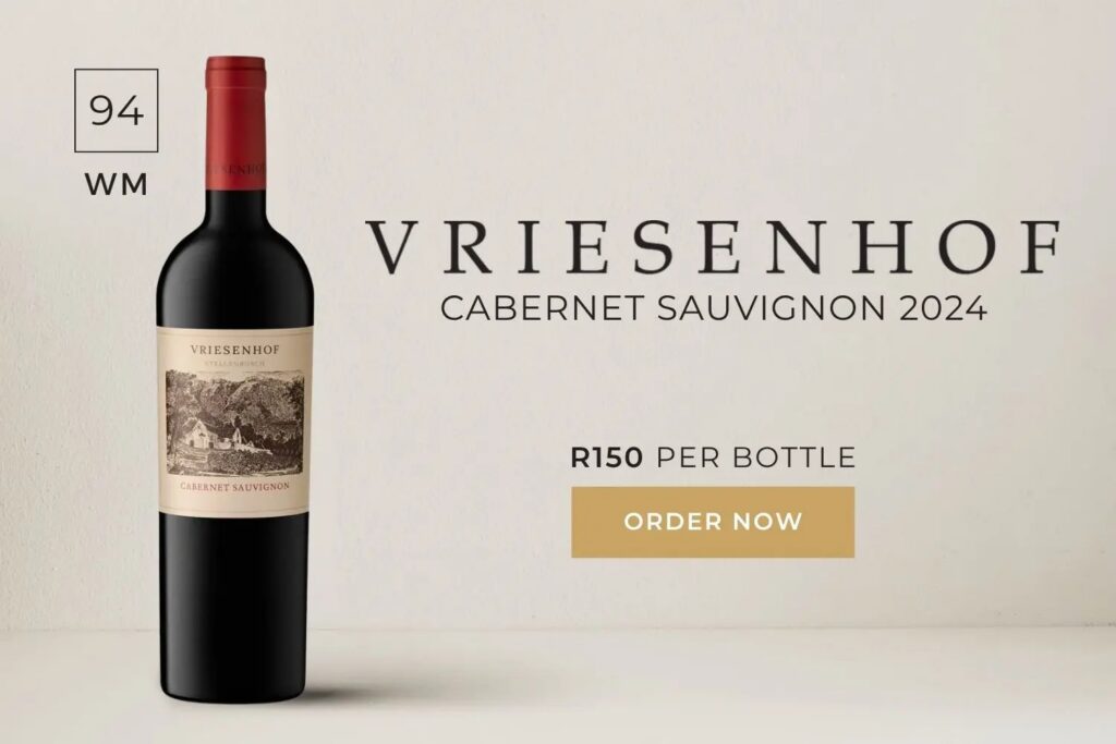 Bottle of Vriesenhof Cabernet Sauvignon 2024, priced at R150, with an “Order Now” button.